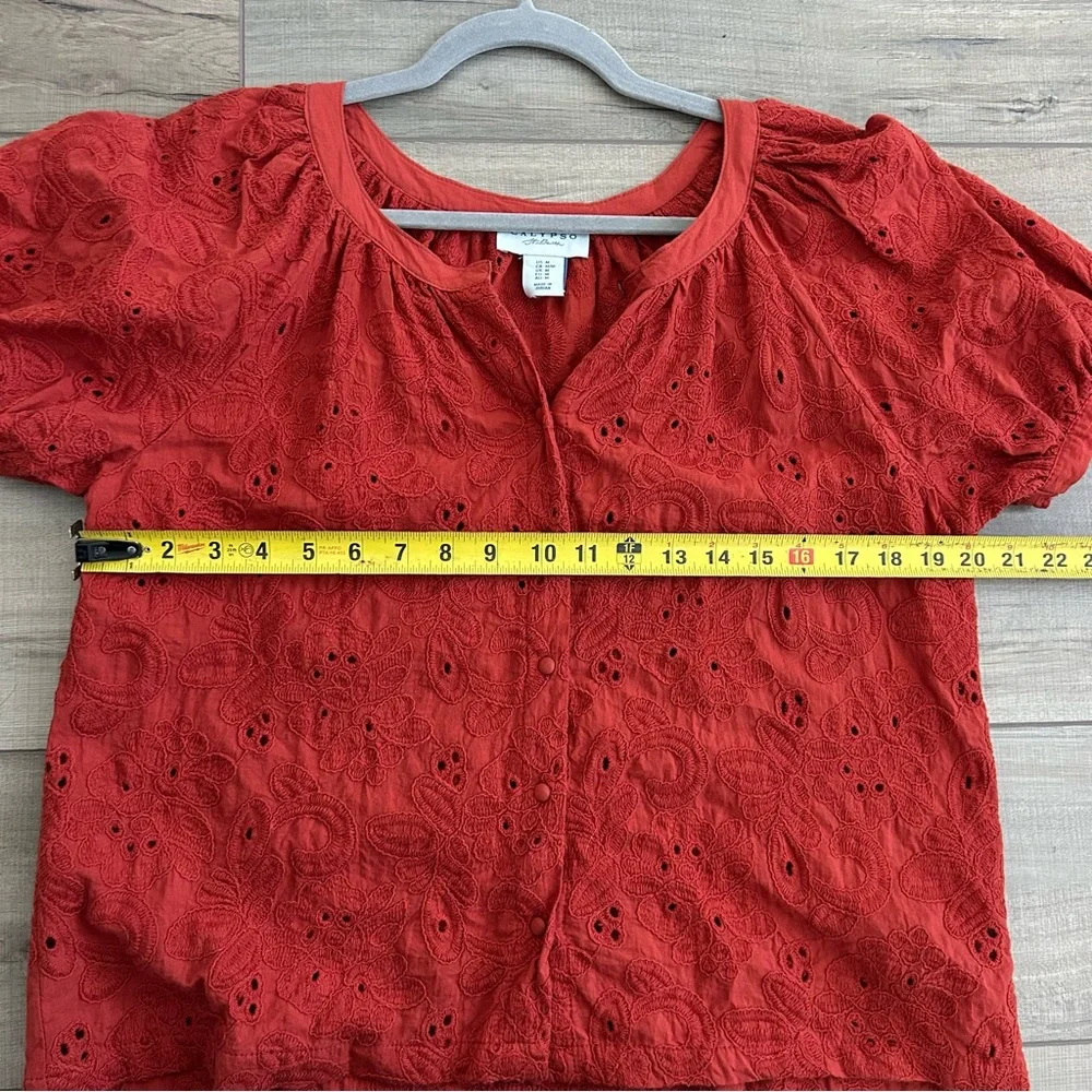 Calypso St. Barth Burnt Orange Eyelet Puffed Sleeve Button Down Cotton Blouse M - Picture 6 of 8